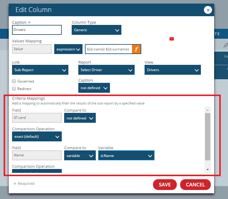 The Edit Column panel with the Link editor section marked in red.